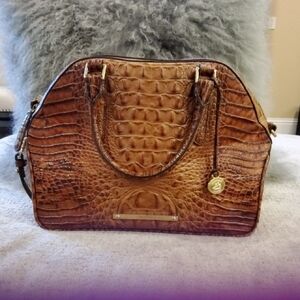 Brahmin Toasted Almond Hudson Croc-Embossed Dome Satchel with Gold Accent